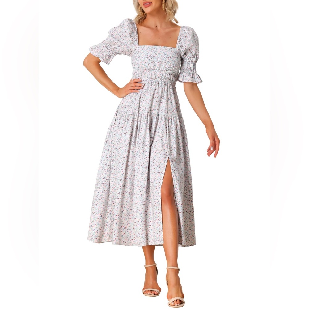 Allegra K Women's Peasant Floral Square Neck Short Puff Sleeve Smocked Dresses